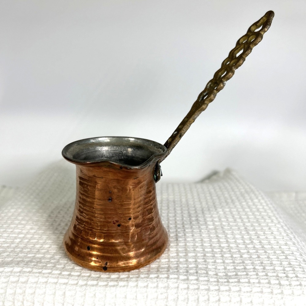 Vtg Mini Hammered Copper Turkish Coffee Pot Long Brass handle